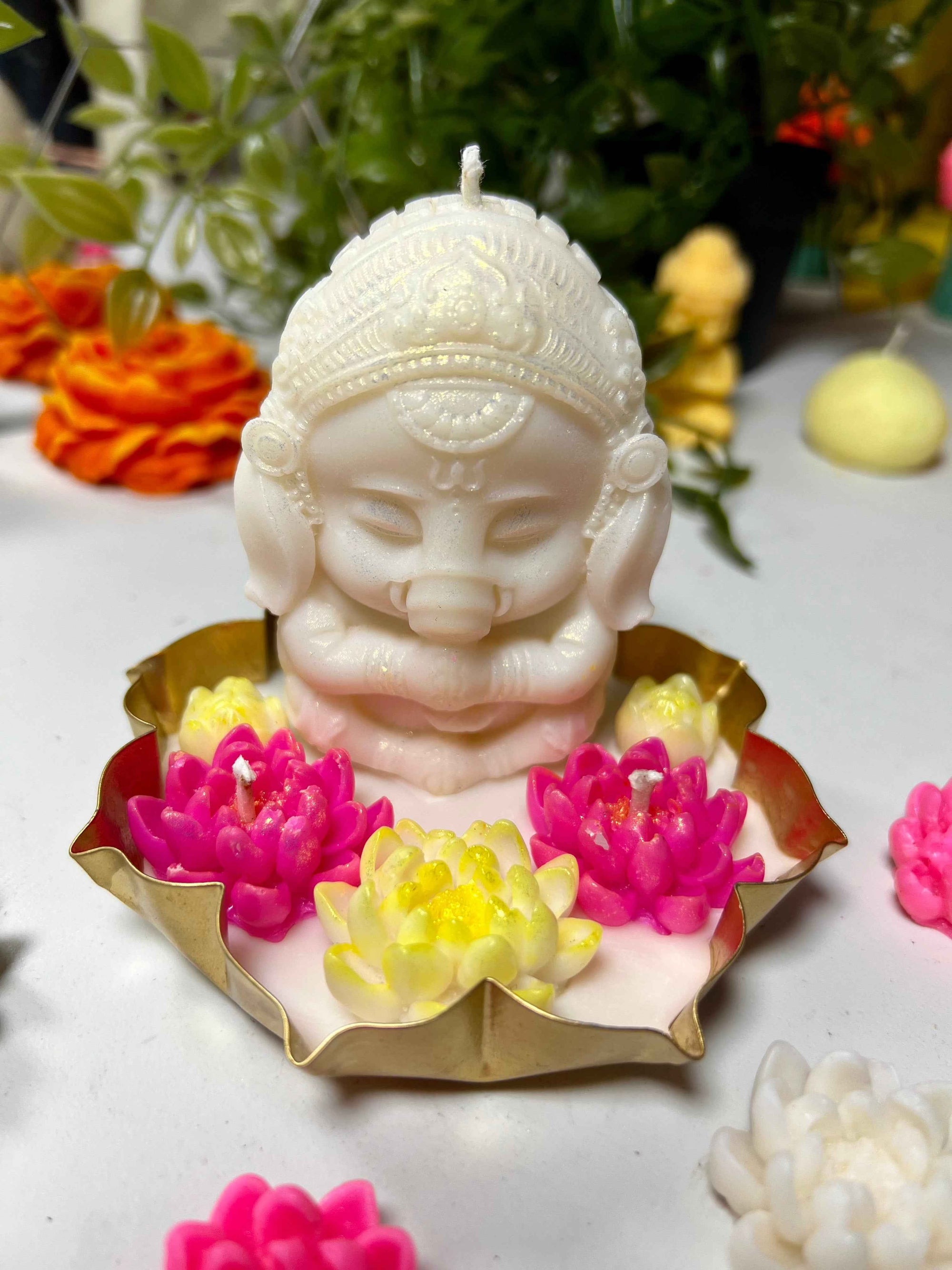 Golden Lotus Ganesha Urli Candle | Designer Scented Diwali Ganesh Urli Candle